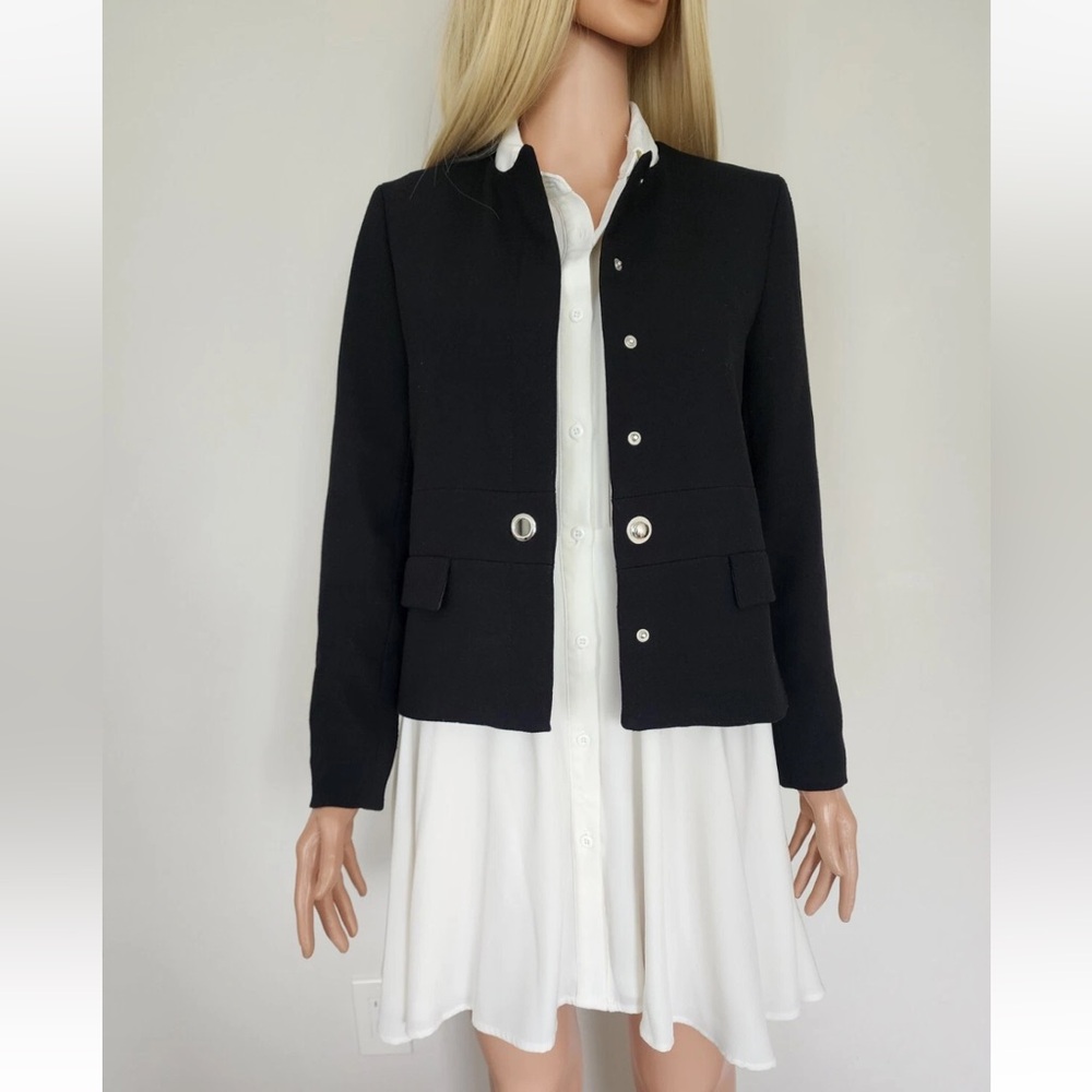 ZARA BLACK SILVER SNAP ON CREW NECK COLLARLESS BLAZER JACKET SMALL